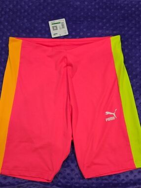 Puma Hot Pink Colorblock Bike Shorts with Neon Lime & Orange Panels